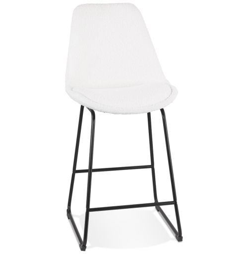 Tabouret snack mi-hauteur 'ALICE MINI' en tissu bouloché blanc et pied traineau en métal noir