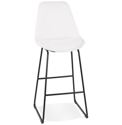Tabouret de bar 'ALICE' en tissu bouloché blanc et pied traineau en métal noir
