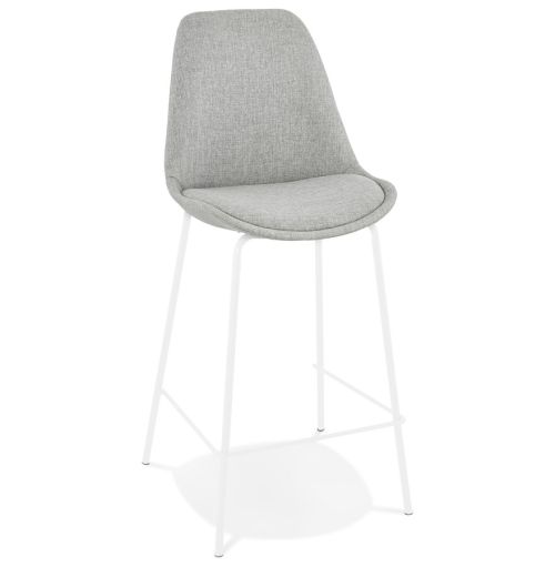 Tabouret snack mi-hauteur 'ALOE MINI' en tissu gris avec pied en métal blanc