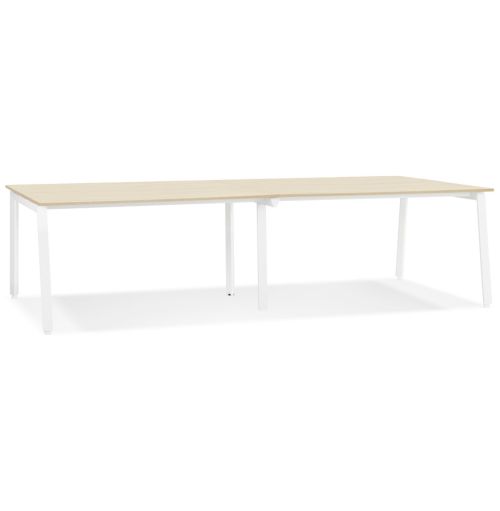 Double bureau bench / table de réunion 'AMADEUS' en bois finition naturelle et métal blanc - 280x140 cm