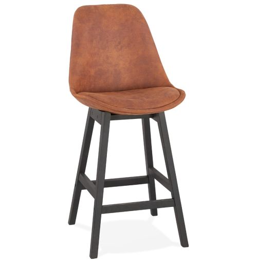 Tabouret snack mi-hauteur 'ASPEN MINI' en microfibre brune et pieds en bois noir