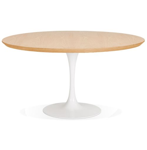 Table de salle à manger ronde 'BRIK' en bois finition naturelle et pied central en métal blanc - Ø 140 cm