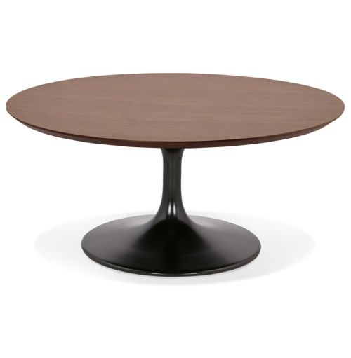 Table basse de salon ronde 'BUSTER MINI' en bois finition Noyer et pied en métal noir - Ø 90 cm