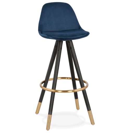 Tabouret de bar design 'CHICAGO' en velours bleu et 4 pieds en bois noir