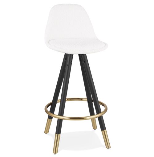 Tabouret snack mi-hauteur 'CLARISSE MINI' en tissu bouloché blanc et 4 pieds en bois noir