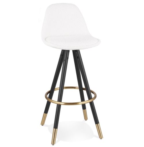Tabouret de bar 'CLARISSE' en tissu bouloché blanc et 4 pieds en bois noir