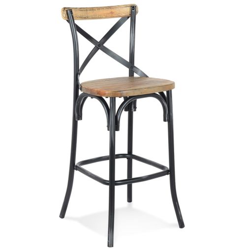 Tabouret de bar 'COTTAGE' en bois finition Noyer effet vieilli noir