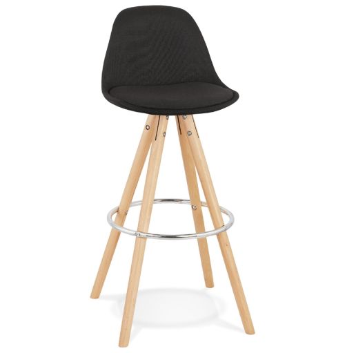 Tabouret de bar design 'DANI' en tissu noir et pieds en bois naturel