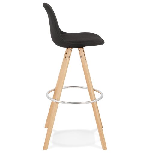 Tabouret de bar design 'DANI' en tissu noir et pieds en bois naturel