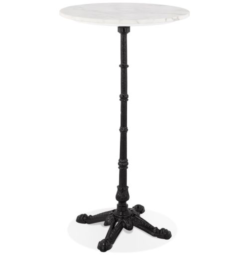 Table haute ronde 'DOMY ROUND' style rustique en pierre blanche effet marbre - 60x60 cm