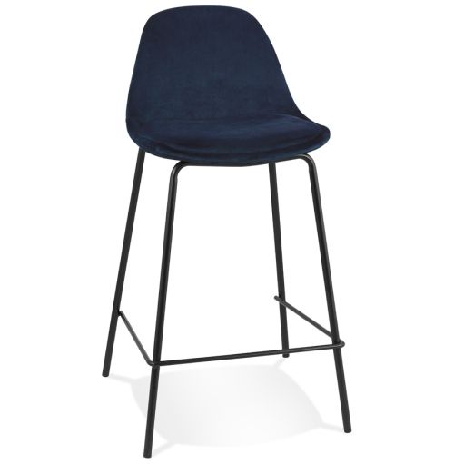 Tabouret snack mi-hauteur 'FENTON MINI' en velours bleu et pied en métal noir