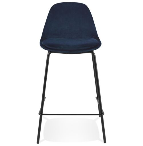 Tabouret snack mi-hauteur 'FENTON MINI' en velours bleu et pied en métal noir