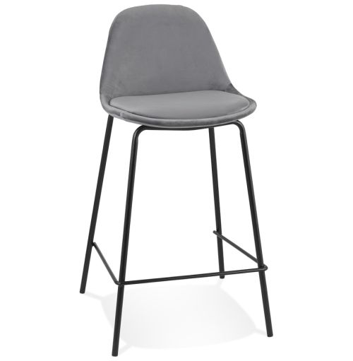 Tabouret snack mi-hauteur 'FENTON MINI' en velours gris et pied en métal noir