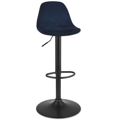 Tabouret réglable 'FINLEY' en velours bleu et pied en métal noir