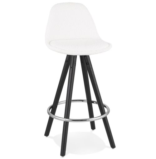 Tabouret snack mi-hauteur 'FLORENCE MINI' en tissu bouloché blanc et 4 pieds en bois noir
