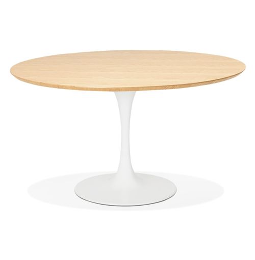Table à dîner  / de bureau ronde design 'GLOBO' en bois finition naturelle et pied central en métal blanc - Ø120 cm