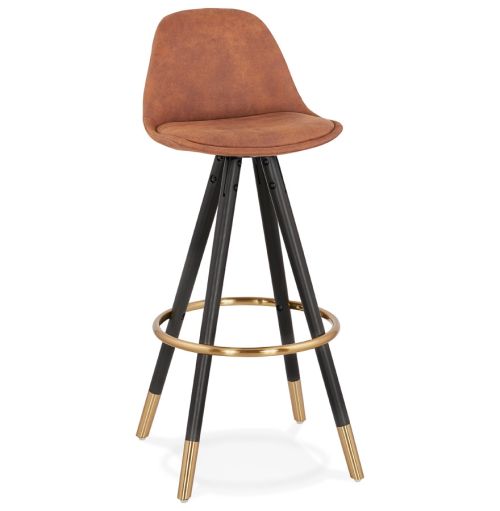 Tabouret de bar design 'KONG' en microfibre brune et 4 pieds en bois noir