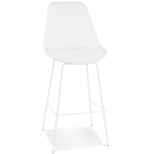 Tabouret de bar 'LEONIE' en tissu bouloché blanc et pied en métal blanc
