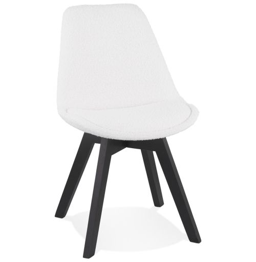 Chaise design 'LINETTE' en tissu bouloché blanc et pieds en bois noir