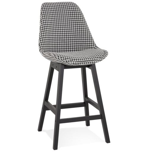 Tabouret snack mi-hauteur 'MORISS MINI' en tissu pied de poule et pieds en bois noir