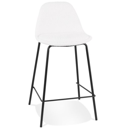 Tabouret snack mi-hauteur 'PLUMAR MINI' en tissu bouclé blanc et pied en métal noir