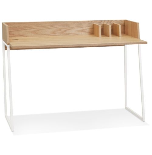 Bureau droit design 'SALMON' en bois finition naturelle et métal blanc