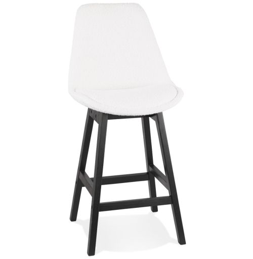 Tabouret snack mi-hauteur 'SANDRA MINI' en tissu bouloché blanc et pied en bois noir
