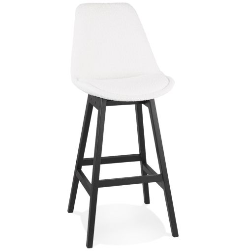 Tabouret de bar 'SANDRA' en tissu bouloché blanc et pied en bois noir