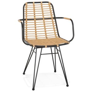 Chaise avec accoudoirs 'BASTIA' en rotin couleur naturelle et métal noir