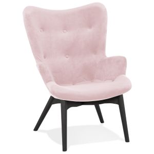 Fauteuil à oreilles 'RUBEN' en velours rose et pieds en bois noir